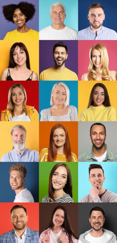 pêle mêle de photos de franchisés hommes et femmes sur fond de couleur